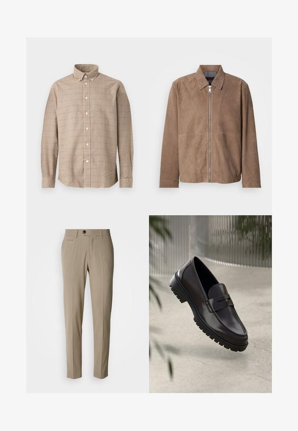 Brun ruskindsjakke med krave, lynlås foran og lange ærmer. Stoffet har en glat tekstur og få syninger.; Beige og brunternet langærmet skjorte med knap-trykkrave, vist på en ensfarvet baggrund, forfra.; Beige skræddersyede bukser med flad front, sidelommer, bæltestropper og en enkelt sort knap lukning. Glat stoftekstur.; Brune læder loafers med en tekstureret, rippet gummisål. Har et slankt design og et dekorativt bånd over vristen.