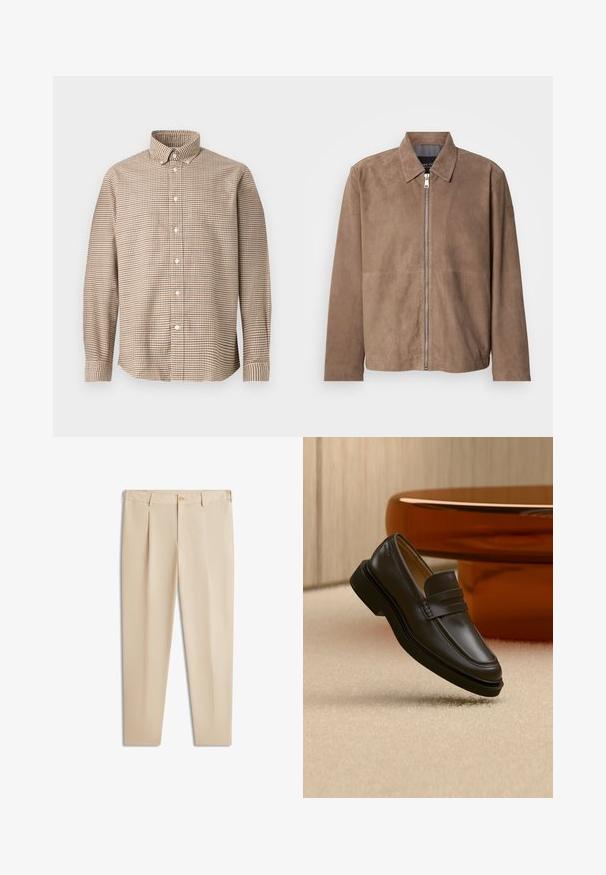 Bruine suède jas met een kraag, een rits aan de voorkant en lange mouwen. De stof heeft een gladde textuur en bevat minimale naden.; Beige en bruine geruite lange mouwen knoopshirt met een knoop- naar beneden kraag, weergegeven op een effen achtergrond, vooraanzicht.; Beige heren plissee pantalon met knoopsluiting, riemlussen en een getailleerde pasvorm.; Zwarte leren loafer die boven een beige tapijt zweeft met bruine afgeronde meubels op de achtergrond.