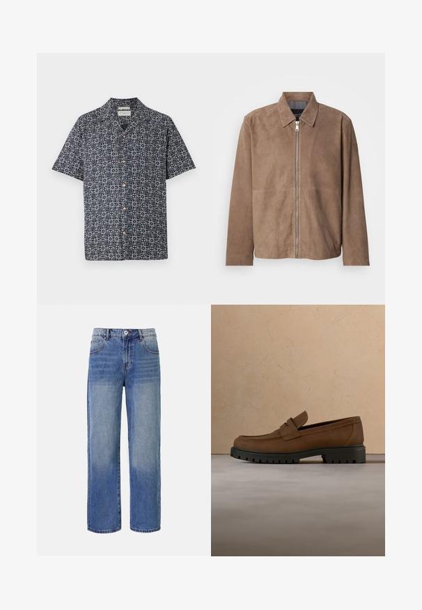 Veste en daim marron avec col, fermeture zippée à l'avant et manches longues. Le tissu a une texture lisse et présente peu de coutures.; Chemise à manches courtes en navy avec un motif abstrait blanc, dotée d'un bouton devant et d'un col. Tissu doux avec une coupe décontractée.; Jeans en denim bleu clair à jambes larges avec un motif délavé, cinq poches et une fermeture à glissière. Comprend un bouton et des passants de ceinture à la taille.; Mocassin en cuir marron foncé avec semelle épaisse en caoutchouc noir présenté au-dessus d’un tapis beige et d’un canapé en arrière-plan.