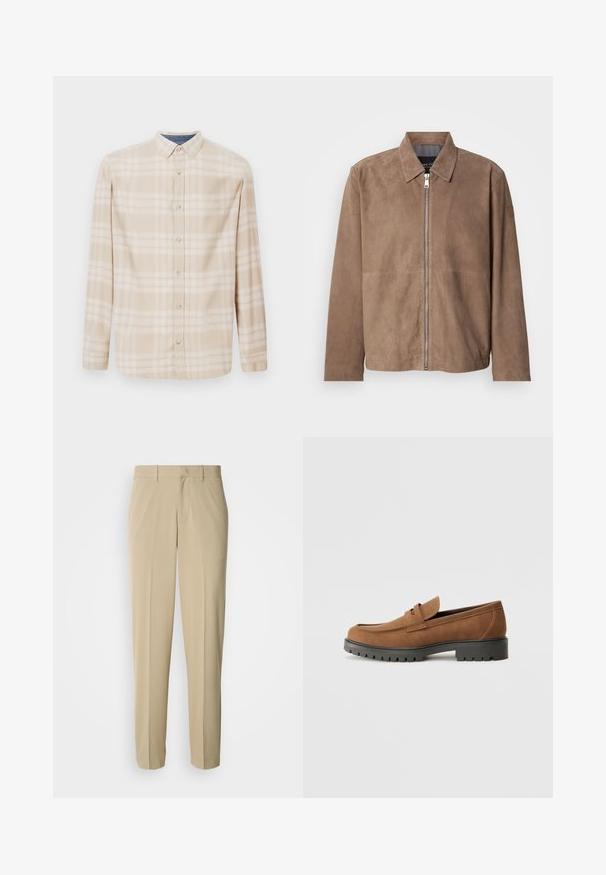 Bruine suède jas met een kraag, een rits aan de voorkant en lange mouwen. De stof heeft een gladde textuur en bevat minimale naden.; Beige geruite langwerpige blouse met een knoopsluiting, knopen aan de voorkant en subtiele blauwe accenten bij de halslijn. Gemaakt van zachte stof.; Beige pantalon met rechte pijpen, gemaakt van een gladde stof, voorzien van een platte voorkant zonder zichtbare zakken of versieringen.; Bruine suede instappers met een ronde neus en een lage zwarte rubberen zool, met een decoratieve band en stiksel details op het bovenwerk.