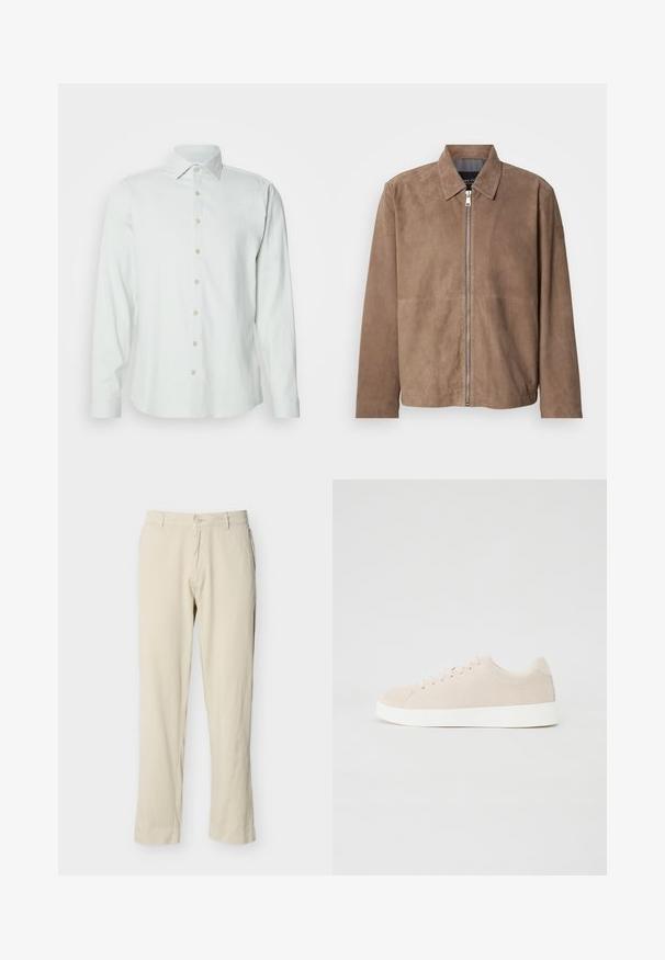 Veste en daim marron avec col, fermeture zippée à l'avant et manches longues. Le tissu a une texture lisse et présente peu de coutures.; Chemise longue à manches longues de couleur vert clair en tissu doux. Elle présente un col classique, une patte de boutonnage sur le devant et des poignets boutonnés.; Pantalon beige à jambes droites avec passants pour ceinture, fermeture par bouton, et poches avant, présenté sur un fond blanc uni.; Baskets en daim beige avec semelles en caoutchouc blanc, bout rond et six œillets pour les lacets. Texture lisse avec un design minimaliste.