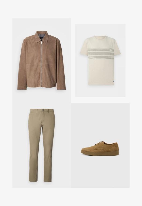 Veste en daim marron avec col, fermeture zippée à l'avant et manches longues. Le tissu a une texture lisse et présente peu de coutures.; T-shirt beige à manches courtes avec col rond, présentant trois bandes horizontales gris clair sur la poitrine.; Chinos kaki en mélange de coton, avec une coupe droite, une taille standard avec fermeture à bouton et des poches latérales.; Chaussure décontractée à lacets en daim marron avec semelle en caoutchouc plate, vue de côté sur un fond clair uni.