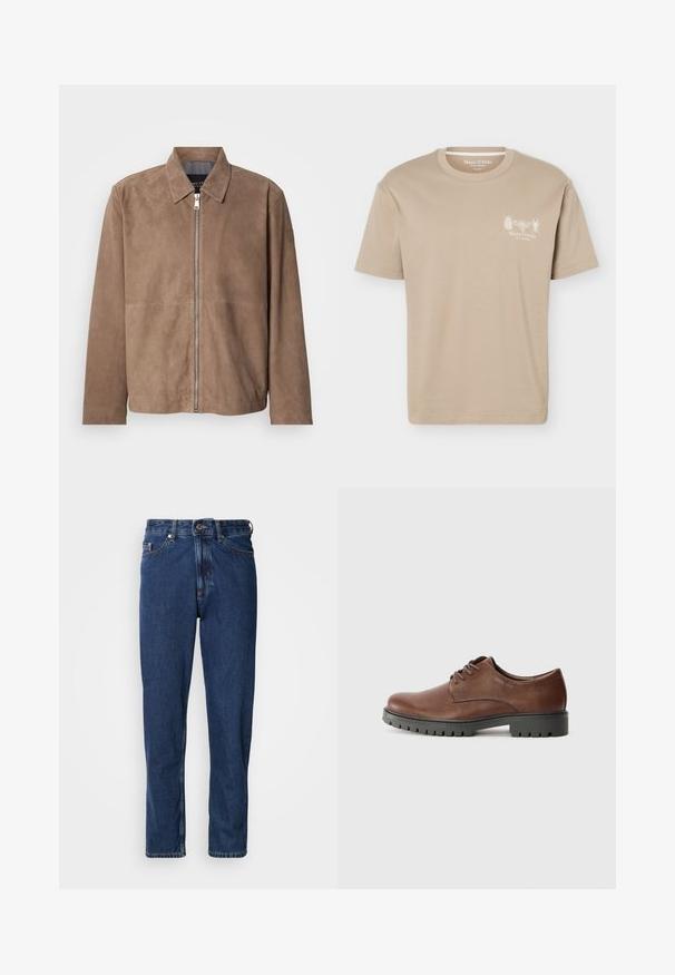 Veste en daim marron avec col, fermeture zippée à l'avant et manches longues. Le tissu a une texture lisse et présente peu de coutures.; T-shirt beige à manches courtes avec col rond, présentant de petits motifs d'insectes et le logo "Marc O'Polo" sur la poitrine gauche.; Jean bleu foncé en denim, avec une coupe droite, style cinq poches et des coutures apparentes le long des coutures.; Chaussure oxford en cuir marron avec une texture lisse, bout rond et semelle extérieure en caoutchouc noir avec un motif de semelle. Lacets fixés à l'avant.