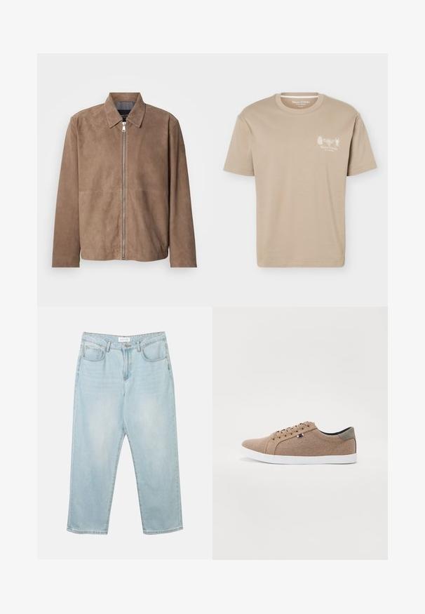 Veste en daim marron avec col, fermeture zippée à l'avant et manches longues. Le tissu a une texture lisse et présente peu de coutures.; T-shirt beige à manches courtes avec col rond, présentant de petits motifs d'insectes et le logo "Marc O'Polo" sur la poitrine gauche.; Jean en denim bleu clair avec une coupe décontractée, cinq poches, une fermeture à bouton et un léger délavage. La texture est douce et légèrement usée.; Baskets en toile beige avec un design basse, semelle en caoutchouc blanc et lacets ronds. Présente un accent de talon gris contrastant et un détail de logo.