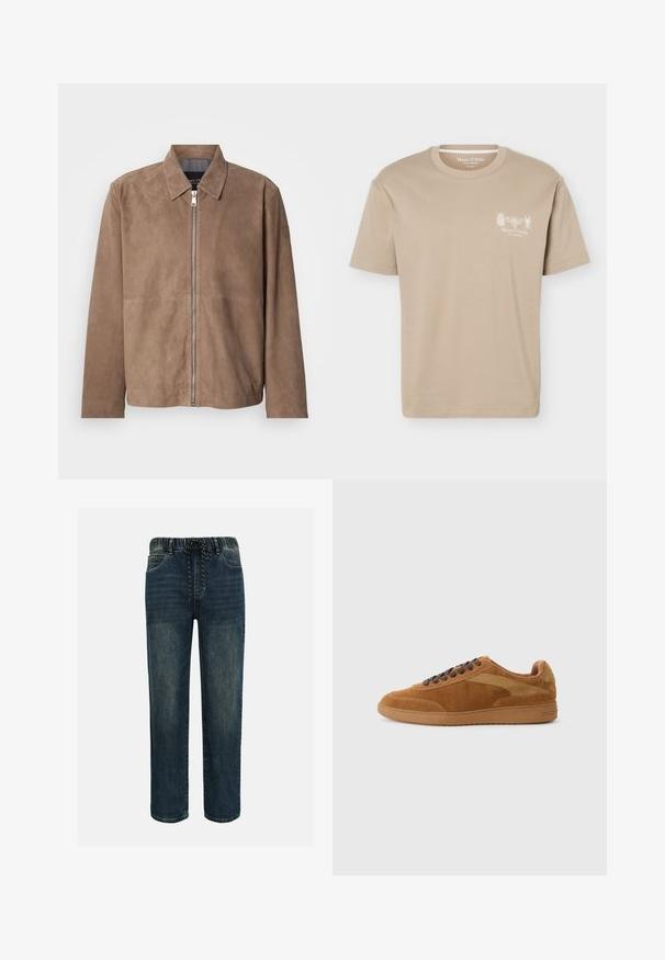 Veste en daim marron avec col, fermeture zippée à l'avant et manches longues. Le tissu a une texture lisse et présente peu de coutures.; T-shirt beige à manches courtes avec col rond, présentant de petits motifs d'insectes et le logo "Marc O'Polo" sur la poitrine gauche.; Jean en denim bleu foncé avec ceinture élastique et cordon noir et blanc, coupe droite, avec poches avant.; Sneakers en suède marron avec des accents beige, bout rond, semelle plate et lacets marron foncé. Présente un design épuré et des détails de couture subtils.