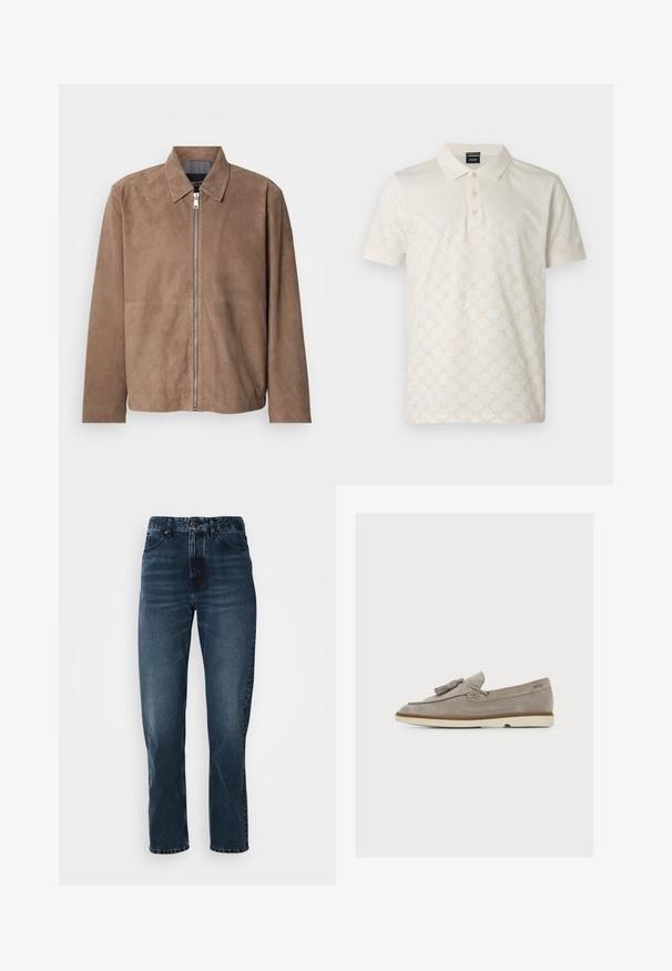 Brun ruskindsjakke med krave, lynlås foran og lange ærmer. Stoffet har en glat tekstur og få syninger.; Krem polo-shirt med et struktureret geometrisk mønster, tre-knaps lomme og blødt bomuldsmateriale. Korte ærmer, standard krave.; Mørkeblå lige bukser med frontknap og lynlås, fem-lomme design og subtil fading på lår og knæ.; Lysebrun ruskind-loafer med kvaster, lav beige sål og "BOSS"-logo på hælområdet, vist i sideprofil på hvid baggrund.