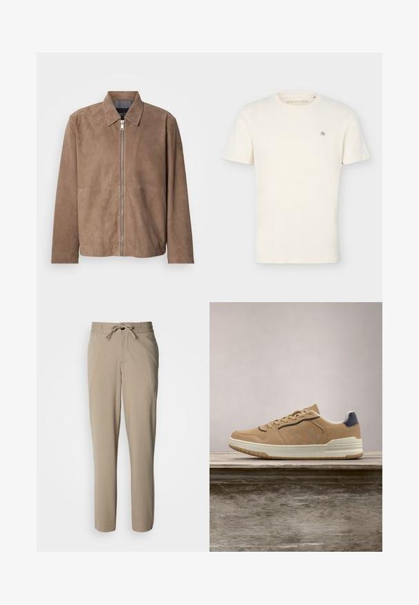 Bruine suède jas met een kraag, een rits aan de voorkant en lange mouwen. De stof heeft een gladde textuur en bevat minimale naden.; Effen off-white T-shirt met korte mouwen en ronde hals, met een klein "Scotch & Soda" logo op de bovenste linkerborst.; Beige broek gemaakt van een zachte stof, met een trekkoorden taille en een ontspannen pasvorm, rechte pijpen en zonder zichtbare zakken.; Beige suède sneaker met een witte rubberen zool, voorzien van beige veters, marineblauwe accenten en geperforeerde details op de toe box.