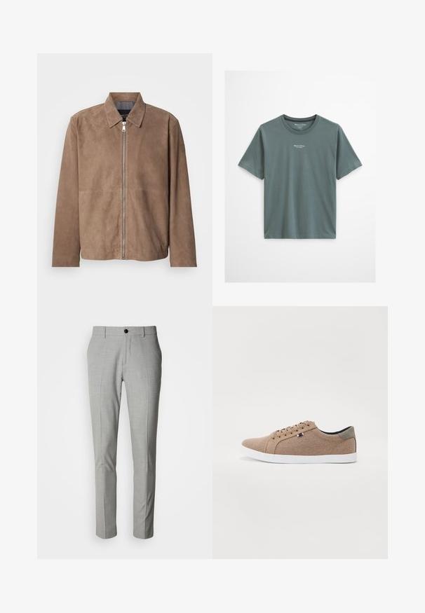 Veste en daim marron avec col, fermeture zippée à l'avant et manches longues. Le tissu a une texture lisse et présente peu de coutures.; T-shirt uni vert pâle à col rond et manches courtes, avec petit logo blanc "Marc O’Polo" et texte centré sous l'encolure.; Pantalon gris clair en tissu texturé, avec une taille plate, deux poches latérales et une fermeture à bouton unique. Coupe ajustée.; Baskets en toile beige avec un design basse, semelle en caoutchouc blanc et lacets ronds. Présente un accent de talon gris contrastant et un détail de logo.