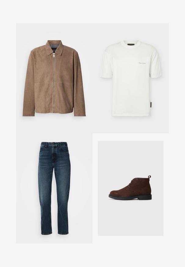 Chaqueta de ante marrón con cuello, cremallera frontal y mangas largas. La tela tiene una textura suave y presenta costuras mínimas.; Camiseta blanca de manga corta con cuello redondo, con pequeño texto "Marc O'Polo" en el pecho y etiqueta de tela en la costura lateral izquierda.; Jeans de pierna recta azul oscuro con cierre frontal de botón y cremallera, diseño de cinco bolsillos y un ligero desgaste en los muslos y las rodillas.; Botines de ante marrón con puntera redondeada, diseño con cordones y un pequeño tacón. Incluye un lazo en la parte trasera para facilitar su uso.