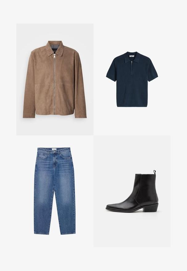 Veste en daim marron avec col, fermeture zippée à l'avant et manches longues. Le tissu a une texture lisse et présente peu de coutures.; Polo en maille bleu marine à manches courtes avec texture côtelée et fermeture à moitié éclair à l'avant.; Jean en denim bleu avec une taille haute, une coupe droite et une finition délavée. Comprend cinq poches et une fermeture à bouton.; Zign by Zalando LEATHER - Bottines de cowboy / motard - black