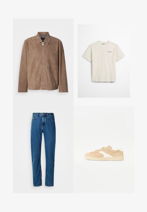 Bruine suède jas met een kraag, een rits aan de voorkant en lange mouwen. De stof heeft een gladde textuur en bevat minimale naden.; Witte katoenen T-shirt met korte mouwen, voorzien van een klein gedrukt tekstlogo in donkergroen op de linkerkant van de borst. Ronde halslijn, casual fit.; Blauwe rechte spijkerbroek met vijf zakken en een knoopsluiting aan de voorkant op een witte achtergrond.; Beige suede sneaker met witte accenten, ronde neus en vetersluiting. Gestructureerde bovenkant en rubberen zool met discrete branding.