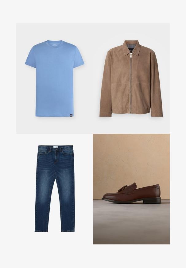 Veste en daim marron avec col, fermeture zippée à l'avant et manches longues. Le tissu a une texture lisse et présente peu de coutures.; T-shirt bleu clair à manches courtes et col rond avec une petite étiquette rayée noire et blanche en bas de l'ourlet sur fond blanc.; Jean slim-fit bleu foncé avec des détails délavés, design classique à cinq poches, fermeture à bouton et passants de ceinture.; Mocassin à pampilles en cuir marron flottant au-dessus d'un tapis beige texturé, avec une table ronde en bois et des piles de livres en arrière-plan.