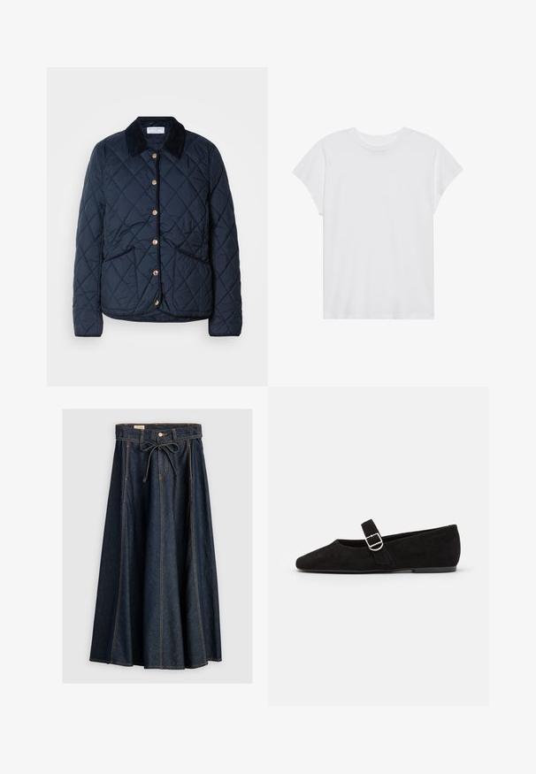Veste matelassée bleu marine avec col noir, boutons-pression dorés, deux poches frontales et motif de piqûre en losanges.; T-shirt blanc à manches courtes, col rond, coupe décontractée, en tissu de coton doux. Texture lisse, sans motifs ni logos.; Levi's® XL SKIRT - Jupe en jean - square circle; Chaussures plates en suède noir avec un bout pointu, ornées d'une sangle unique avec une boucle en argent sur le dessus. Texture douce et profil bas.