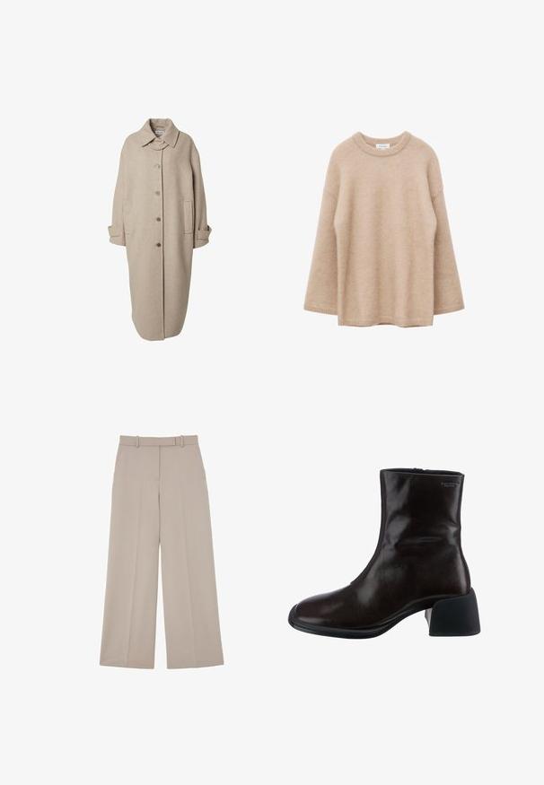 Beige wollen jas met een kraaghalslijn, knoopsluiting aan de voorkant, twee zijzakken en lange mouwen. Kenmerkt zich door een rechte, verlengde silhoutte.; Beige trui met lange mouwen, ronde hals, zachte, pluizige textuur en een losse pasvorm, weergegeven tegen een witte achtergrond.; Beige broek met wijde pijpen, riemlussen, voorzakken en een plooi in het midden van elke pijp.; Vagabond ANSIE - Lage laarzen - braun