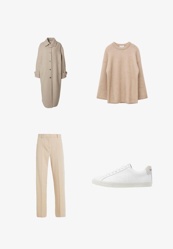 Beige Wollmantel mit Kragen, Knopfleiste, zwei Seitentaschen und langen Ärmeln. Hat eine gerade, verlängerte Silhouette.; Beiger Pullover mit langen Ärmeln, Rundhalsausschnitt, weicher, flauschiger Textur und lockerem Schnitt, vor weißem Hintergrund dargestellt.; Beige maßgeschneiderte Hose aus glattem Stoff, mit geradem Beinanschnitt, seitlichen Taschen und Bügelfalten auf der Vorderseite.; Weiße Ledersneaker mit einer strukturierten, cremefarbenen Gummisohle. Zu den Merkmalen gehören Schnürsenkel, dezente Nähte und ein grauer Wildleder-Hackeneinsatz.