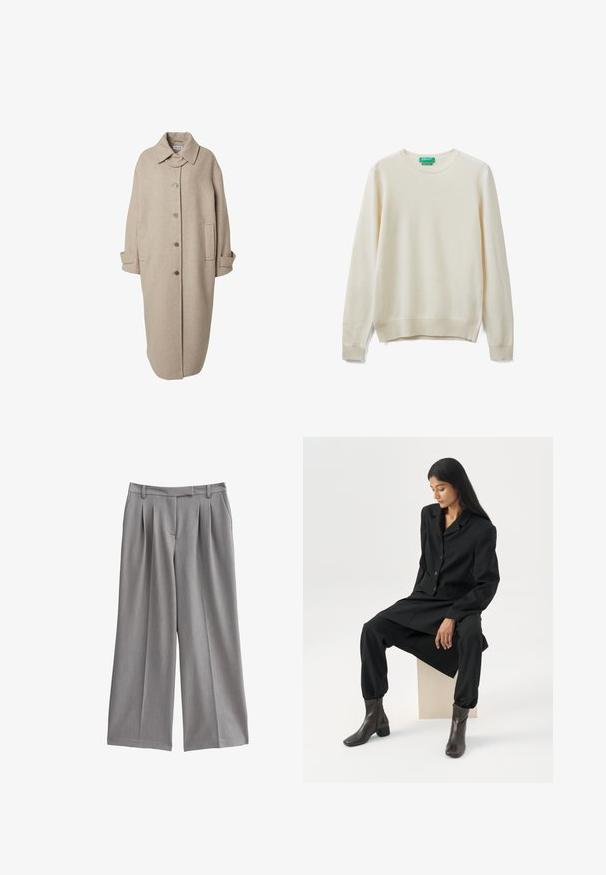 Beige Wollmantel mit Kragen, Knopfleiste, zwei Seitentaschen und langen Ärmeln. Hat eine gerade, verlängerte Silhouette.; Cremefarbener Pullover aus weichem Stoff, mit Rundhalsausschnitt, langen Ärmeln und gerippten Bündchen und Saum. Einfaches, minimalistisches Design.; Graue weit geschnittene Hosen mit gefaltetem Vorderteil, aus einem glatten Stoff gefertigt. Sie besitzen einen flachen Bund mit Gürtelschlaufen und seitlichen Taschen.; Frau mit langen dunklen Haaren sitzt, trägt einen lockeren schwarzen Blazer, passende weite Hosen und dunkle Stiefeletten vor einem schlichten weißen Hintergrund.