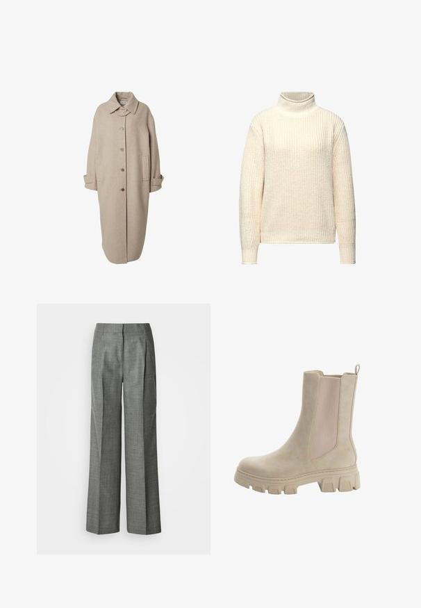 Beige wollen jas met een kraaghalslijn, knoopsluiting aan de voorkant, twee zijzakken en lange mouwen. Kenmerkt zich door een rechte, verlengde silhoutte.; Crème turtleneck trui met een gegarneerd ribbelpatroon, losse pasvorm en lange mouwen, gemaakt van een zachte gebreide stof.; Grijze wijde broekspijpen gemaakt van gestructureerde stof, met plooien, een vlakke voorkant en een rechte snit. Geen zichtbare zakken of versieringen.; Beige Chelsea boots met een glad leren bovenwerk en elastische zijpanelen. Dikke, robuuste rubberen zool met een kenmerkend profiel en een aantrekstrip.