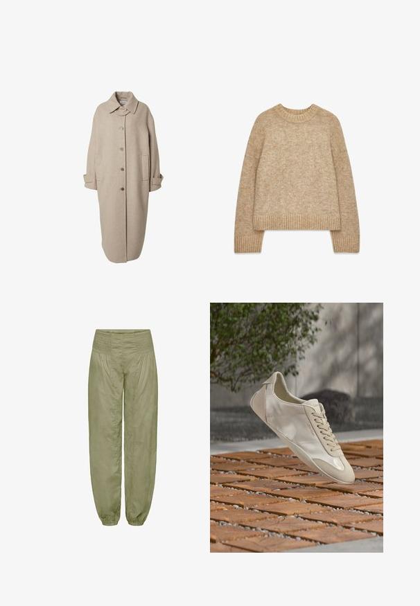 Manteau en laine beige avec un col, fermeture à boutons, deux poches latérales et manches longues. Présente une silhouette droite et allongée.; Pull en laine beige tricoté avec manches longues, col rond côtelé, poignets et ourlet, présenté à plat sur un fond blanc.; Pantalons loose-fit en vert olive clair, avec une taille smockée et des poignets élastiques ; fabriqués dans un tissu doux et texturé.; Baskets beige Calvin Klein flottant au-dessus d'une surface extérieure en bois et galets à motifs avec de la verdure et un mur en béton en arrière-plan.