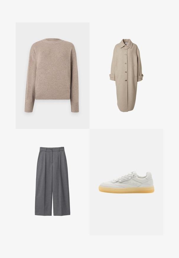 Beige wollen jas met een kraaghalslijn, knoopsluiting aan de voorkant, twee zijzakken en lange mouwen. Kenmerkt zich door een rechte, verlengde silhoutte.; Beige gebreide trui met een ronde hals, geribde manchetten en zoom. Zachte textuur en relaxed fit, geschikt voor casual draag.; Grijze wijde broek van soepel materiaal, met een hoge taille, plooien, een knoopsluiting en zijzakken. Minimalistisch ontwerp.; Witte leren sneaker met geperforeerde accenten, ronde neus en een crèmekleurige rubberen zool. Bevat tonale stiksels en een minimalistisch ontwerp.