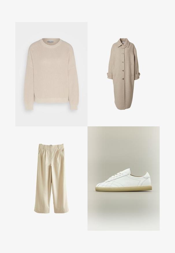 Manteau en laine beige avec un col, fermeture à boutons, deux poches latérales et manches longues. Présente une silhouette droite et allongée.; Anna Field by Zalando Pullover - grey; Next SMART WIDE LEG - Pantalon classique - stone; Baskets basses en cuir blanc avec semelle beige, lacets et motifs cousus subtils sur fond neutre.