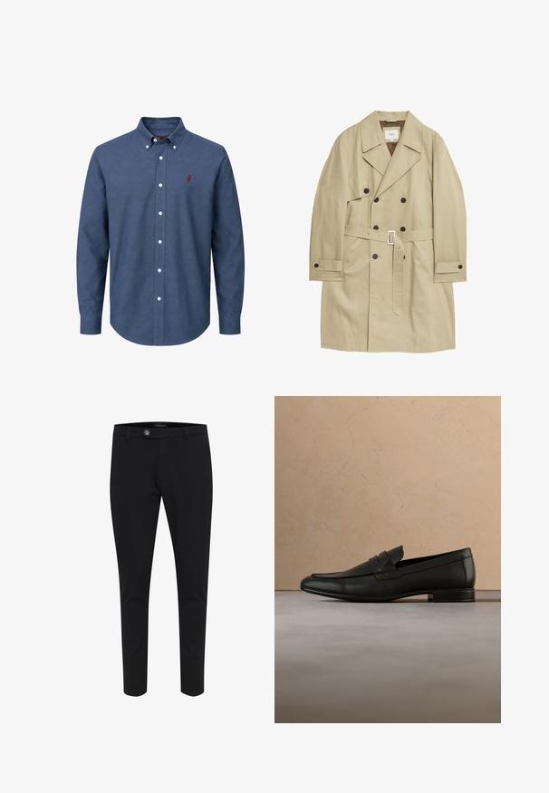 Marks & Spencer Trenchcoat - light beige; Blå skjorte med lange ærmer, hvide knapper og en lille rød broderet logo på venstre bryst.; Sorte skræddersyede bukser med en glat overflade, der har knaplukning, bæltestropper og smalle ben for en tætsiddende silhuet.; Sort læderloafer svæver over beige tæppe med beige sofa i et minimalistisk indendørsmiljø.