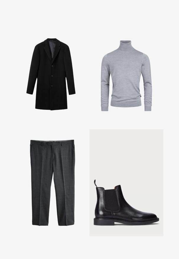 Sort uldfrakke med spidse klapper, fem-knaps front og to sidelommer. Glat indvendig for og skræddersyet pasform, mellemlang længde.; Grå turtleneck sweater lavet af et blødt strikket stof. Har lange ærmer og en tætsiddende design med ribbede manchetter og kant. Enkel, glat tekstur.; Mørkegrå formelle bukser med knap- og lynlåslukning foran, bæltestropper og sidelommer, vist fladt på en hvid baggrund.; Sort læder Chelsea støvle med elastiske sidelæg, tekstureret overflade, rund tå og en lav stablet hæl. Har en grebsløkke for nem påtagning.