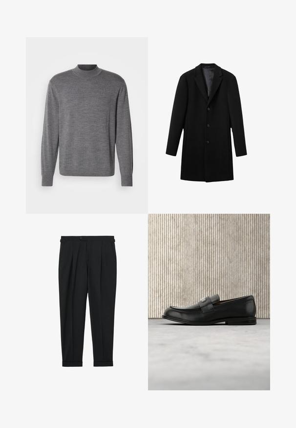 Sort uldfrakke med spidse klapper, fem-knaps front og to sidelommer. Glat indvendig for og skræddersyet pasform, mellemlang længde.; Grå langærmet sweater lavet af strikket materiale, med en høj hals og et subtilt logo på brystet. Glat tekstur og tætsiddende design.; Sorte skræddersyede bukser med forreste læg, sidelommer, knaplukning og opbagte kanter.; Sort læderloafer med metalbrandskilt hvilende nær et brunt rundt bord på beige tæppe.