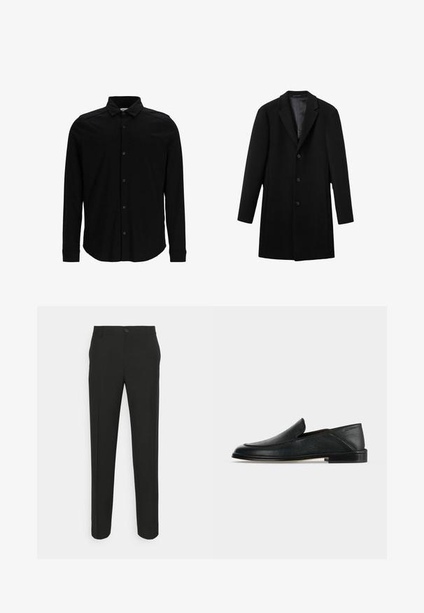 Manteau en laine noire avec revers crantés, fermeture à cinq boutons et deux poches latérales. Doublure intérieure lisse et coupe ajustée, longueur médiane.; Chemise noire à manches longues en tissu lisse, dotée d'un devant à boutons, d'un col et d'un logo brodé subtil sur la poitrine.; Pantalons noirs ajustés à coupe droite, dotés d'une fermeture à un bouton et de passants de ceinture. Tissu lisse, mat et sans motifs.; Mocassin en cuir noir sans lacets avec petit talon et bout arrondi, présenté sur un fond blanc uni.