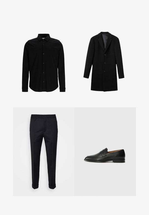 Zwarte wollen overjas met notch-lapels, vijf knopen aan de voorkant en twee zijzakken. Gladde binnenvoering en een getailleerde pasvorm, middelange lengte.; Zwarte langmouwen shirt van gladde stof, met een knoopsluiting aan de voorkant, een kraag en een subtiel geborduurd logo op de borst.; Zwarte broek van lichtgewicht stof, met een elastische tailleband, zijzakken en opgerolde mouwen. Soepele textuur met voorplooien.; Zwarte leren instapper met een ronde neus, subtiele stikdetails en een lage hak, met een gladde textuur en een minimalistisch ontwerp.