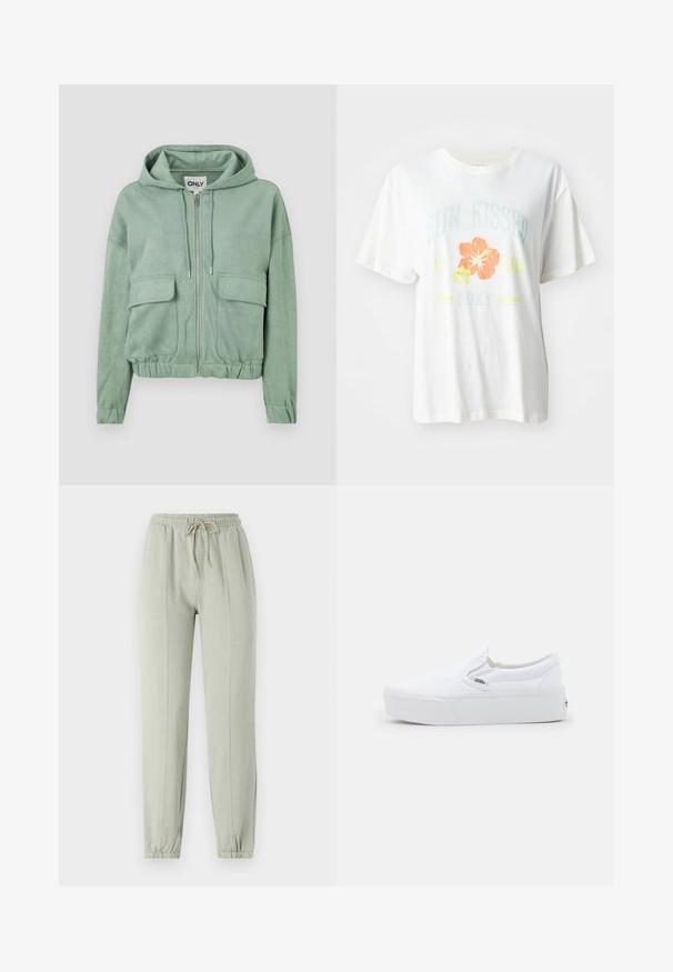 Sudadera con cremallera en verde menta, hecha de una tela suave, que cuenta con una capucha con cordones, dos bolsillos frontales y un dobladillo fruncido.; Camiseta de algodón blanca con un estampado gráfico de flores tropicales en naranja y amarillo, y con el texto "SUN KISSED 1990 Roxy."; Pantalones de chándal verde claro con un cinturón elástico, cordón ajustable y puños ajustados. Presenta detalles de costura vertical a lo largo del frente.; Zapatilla slip-on blanca de Vans con suela gruesa y una discreta etiqueta de logo en el lateral, mostrada de perfil sobre un fondo claro y liso.