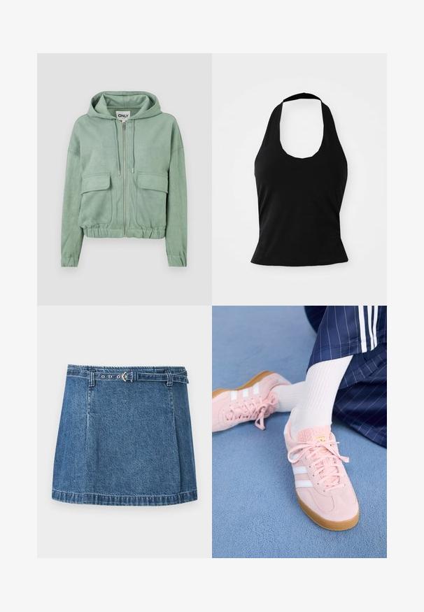 Mintgrøn zip-up hoodie lavet af blødt stof, med en hætte med snor, to frontlommer og en samlet kant.; Sort halterneck top lavet af blød stof, med en scoop halsudskæring og en tætsiddende silhuet, med en glat tekstur og uden synlige mønstre.; Blå denim mininederdel med syninger ved kanten og et tyndt matchende bælte med sølvfarvet spænde, lagt fladt på en lys baggrund.; Lyserøde ruskinds sneakers med hvide striber og snørebånd, udstyret med en struktureret tunge og en gummisål, placeret på et blåt tæppe.
