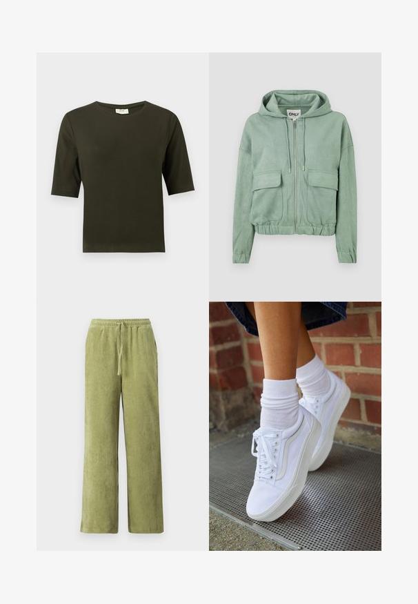 Mintgrüner Reißverschluss-Hoodie aus weichem Stoff, mit einer Kapuze mit Kordelzug, zwei Fronttaschen und einem gerafften Saum.; Dunkelgrünes T-Shirt mit kurzen Ärmeln und rundem Halsausschnitt, aus weichem Stoff gefertigt, mit einem schlichten und geraden Schnitt.; Grüne Cord-Hosen mit weitem Bein, elastischem Bund und Kordelzug. Vertikale Rillen im Stoff schaffen Textur.; Weiße Leinensneaker mit Gummisohlen, ausgestattet mit sechs Ösen, runder Zehenpartie und dezenten Nähten, kombiniert mit weißen Knöchelsocken.