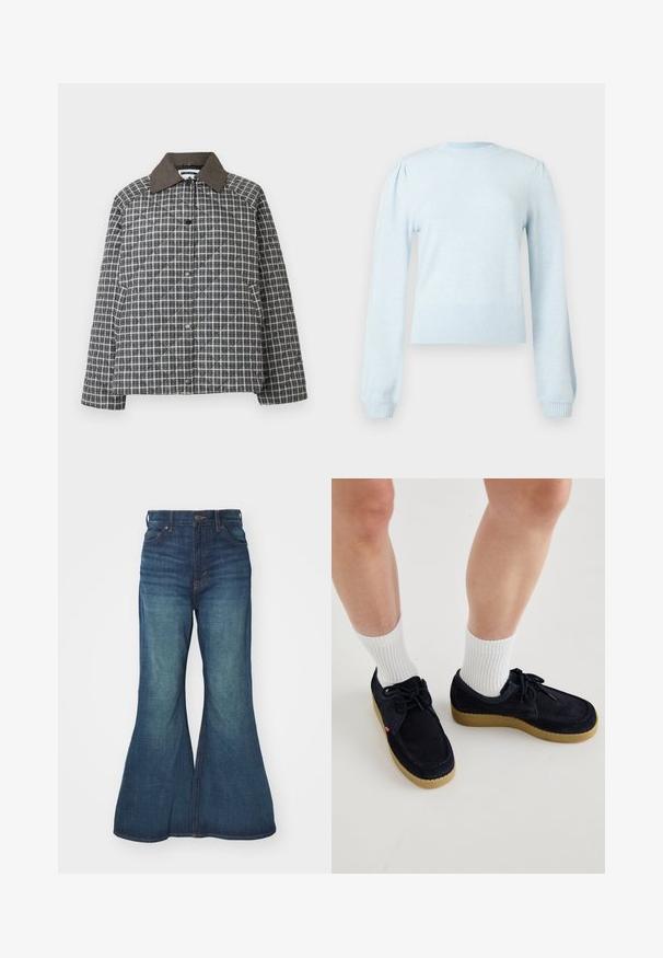 Veste matelassée à motif à carreaux gris et blanc, dotée d'un col en velours côtelé marron, de boutons-pression et d'une coupe décontractée avec manches longues.; Pull léger bleu à manches longues avec un col rond côtelé, des poignets et un ourlet côtelés, et des plis subtils aux épaules.; Jean en denim évasé de bleu moyen, présentant une taille haute, un design à cinq poches et des coutures contrastées. Texture lisse avec un léger délavage.; Chaussures en daim bleu marine avec un bout rond, un laçage, et une semelle en caoutchouc couleur crème. Assorties avec des chaussettes blanches à côtes.