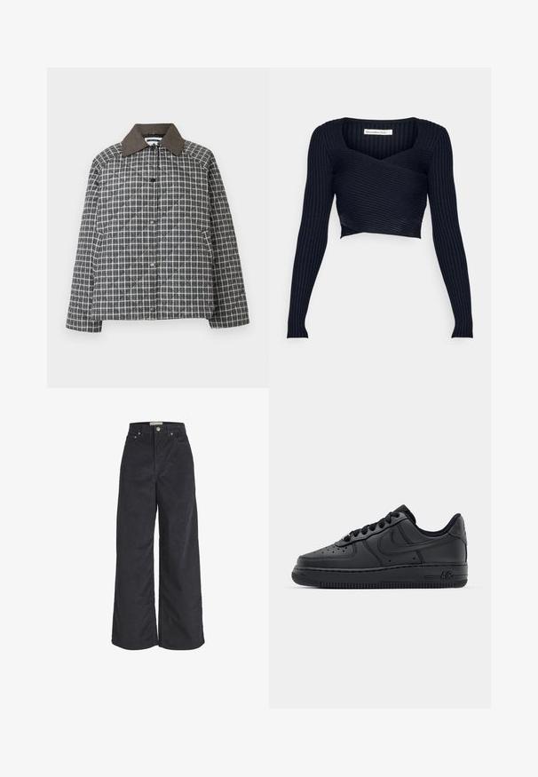 Harmaa-valkoinen ruutukuosinen tikattu takki, jossa on ruskea bombardiinikaulus, painonapit ja rento istuvuus pitkillä hihoilla.; Abercrombie & Fitch VARIEGATED WRAP SLIM - Neule - black beauty; Mustat leveälahkeiset paksukudelmaiset housut, joissa edessä nappi- ja vetoketjukiinnitys, vyölenkit sekä edessä ja takana taskut.; Mustat nahkaiset lenkkarit, joissa on rei'itetty varvaskotelo, litteät nauhat ja kumipohja. Varustettu pienellä logolla sivulla ja tekstuuripinnoilla.