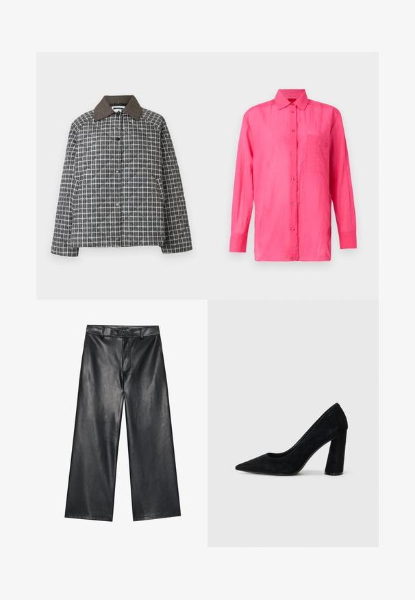 Chaqueta acolchada en patrón de cuadros gris y blanco, con cuello de pana marrón, botones a presión y corte relajado con mangas largas.; Camisa de manga larga y botones en color rosa brillante, hecha de un material ligero. Presenta un bolsillo en el pecho y un acabado de tela texturizada.; Pantalones de cuero negro de pernera ancha con una textura suave, lazos para cinturón y cremallera frontal. Presenta un ajuste holgado y detalles de costura limpios.; Zapato de tacón alto de ante negro con punta afilada y tacón grueso. Diseño elegante, textura suave y estilo minimalista. Sin marcas visibles.