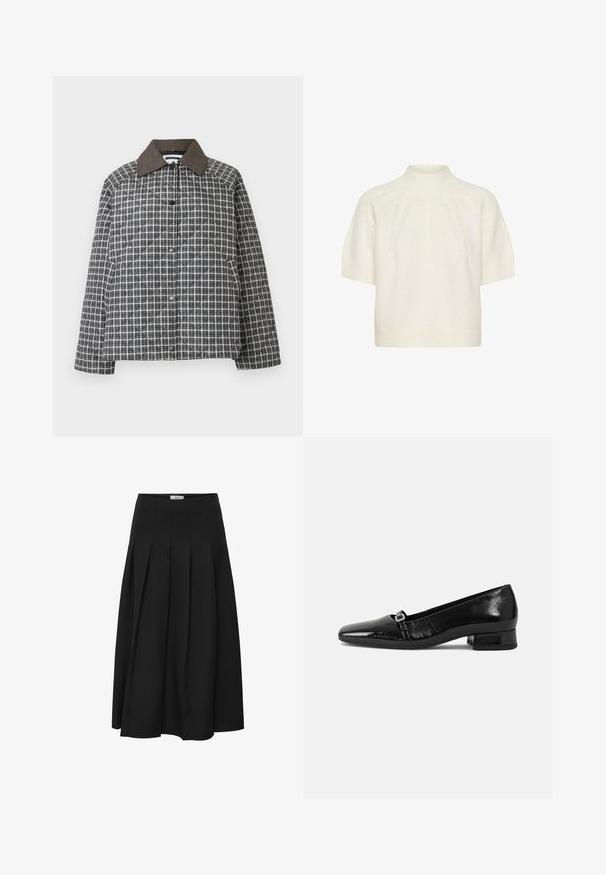 Gewatteerd jack in grijs-wit ruitpatroon, met een bruine corduroy kraag, drukknopen en een comfortabele pasvorm met lange mouwen.; Korte mouwen, hoge hals gebreide trui in zacht wit, met texturen en ribgebreide mouwen en zoom voor extra structuur.; Zwarte plissé midi rok gemaakt van gladde stof. Heeft een hoge taille en een vloeiende silhouet met netjes gestikte plooien.; Zwarte laarzen van gepatenteerd leer met een puntige neus, een lage vierkante hak en een kleine metalen gespdetail op de band. Gladde textuur.