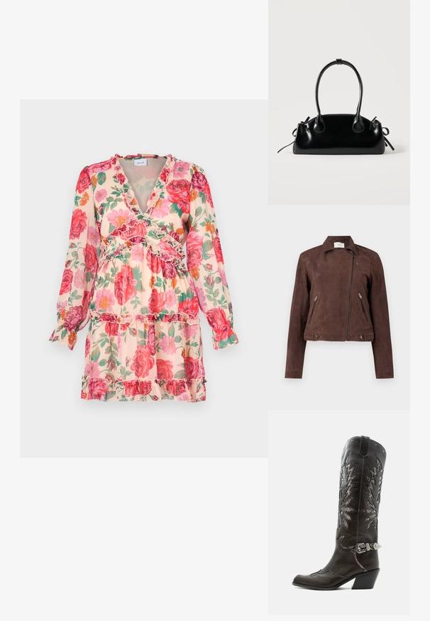 Veste de moto en daim marron avec un zip à l'avant, un col à pression, deux poches latérales avec zip et des accents de bouton sur l'ourlet. Texture lisse.; Robe florale dans des tons pastel avec des motifs roses et verts. Comprend des accents froncés, des manches longues et un décolleté en V profond pour plus de détails.; Botte de cowboy en cuir noir avec découpes décoratives, boucle argentée et talon incliné, présentée sur fond blanc.; Petit sac à main noir brillant avec deux longues anses et des détails à cordon sur les côtés sur un fond clair uni.