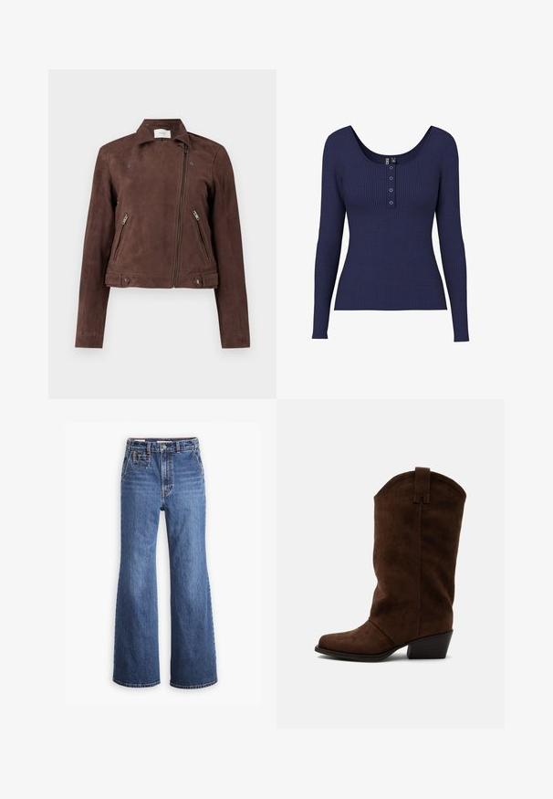 Veste de moto en daim marron avec un zip à l'avant, un col à pression, deux poches latérales avec zip et des accents de bouton sur l'ourlet. Texture lisse.; T-shirt bleu marine à manches longues en ribbed avec un col dégagé et une patte de boutonnage comportant trois boutons métalliques au centre.; Jean en denim bleu taille haute avec une coupe large, équipé d'une poche avant, d'une fermeture à bouton en laiton et de surpiqûres contrastantes.; Botte de cow-boy mi-mollet en daim marron avec un talon empilé bas et une languette de tirage sur un fond clair uni.