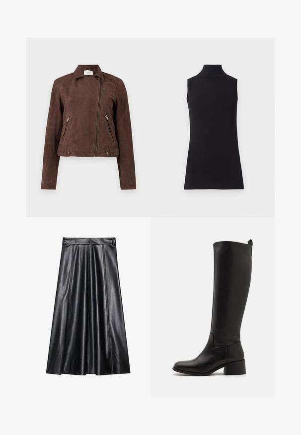 Veste de moto en daim marron avec un zip à l'avant, un col à pression, deux poches latérales avec zip et des accents de bouton sur l'ourlet. Texture lisse.; Haut sans manches noir en col roulé, fabriqué à partir d'un tissu lisse. Design ajusté avec un col haut et un ourlet droit, minimaliste et de couleur unie.; Jupe A-line en cuir noir avec plis, présentant une texture lisse, une taille cintrée et des détails de couture visibles. Aucun accent supplémentaire.; Botte noire montée à hauteur de genou en cuir lisse avec un talon blocs, une pointe arrondie et un design élégant sans embellissement.