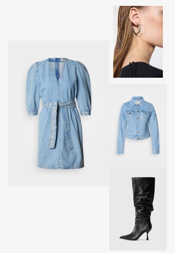 Hellblaue Jeansjacke mit tailliertem Design, Knopfverschlüssen, zwei Brusttaschen und klassischem Kragen. Auffällige Ziernaht.; Jeanskleid in Hellblau mit V-Ausschnitt, Puffärmeln und einem gemusterten gewebten Gürtel. Mit nahtlosem Rückenverschluss und knielangem Design.; Schwarze Lederstiefel bis zum Knie mit einem lässigen Design, spitzem Zehenbereich und dünnem Stiletto-Absatz. Sie verfügen über eine glatte Textur und minimale Akzente.; Silberne Creolen mit polierter Oberfläche, die kleine goldene Akzentdetails und eine runde Form aufweisen, am Ohrläppchen getragen.