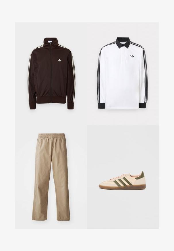 Tmavohnedá mikina so zipsom, s tromi bielymi pruhmi pozdĺž rukávov a malým bielym logom Adidas trefoil na hrudi.; Biele polo s dlhým rukávom s čiernym golierom, čiernymi manžetami, čiernym dizajnom troch pruhov na rukávoch a čiernym logom Adidas na hrudi.; Béžové ľahké nohavice s elastickým pásom, rovnými nohavicami a bočnými vreckami. Hladká textúra s jemnými švami.; Nízky béžový tenisky Adidas Spezial so zelenými pruhmi, gumovou podrážkou a nápisom „SPEZIAL“ na boku, zobrazené z vonkajšej strany.
