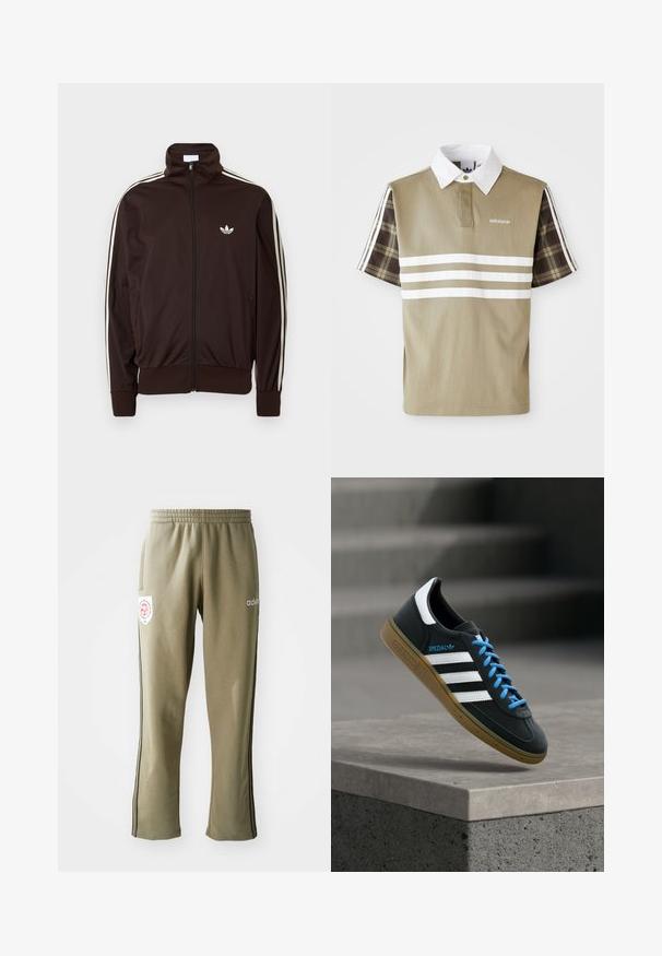 Dunkelbraune Trainingsjacke mit Reißverschluss, weißen drei Streifen entlang der Ärmel und kleinem weißem Adidas-Trefoil-Logo auf der Brust.; Poloshirt in Olivgrün mit weißen Streifen und einem karierten Muster an den kurzen Ärmeln. Mit einem weißen Kragen und Logo auf der Brust.; Olivgrüne Jogginghosen mit einem elastischen Bund, Seitentaschen, schwarzen seitlichen Streifen und einem Logo-Patch am Oberschenkel.; Schwarzer Adidas-Sneaker mit weißen Streifen, blauen Schnürsenkeln und Gummisohle, der über einer grauen Betontreppe im weichen Licht schwebt.