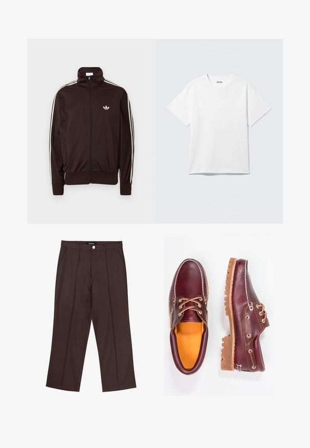 Tmavohnedá mikina so zipsom, s tromi bielymi pruhmi pozdĺž rukávov a malým bielym logom Adidas trefoil na hrudi.; Biely krátky rukáv tričko s okrúhlym výstrihom, na rovine, jednoduchý dizajn, so štítkom "WEEKDAY" vo vnútri goliera na svetlom pozadí.; Hnedé nohavice rovného strihu s prednými skladmi, bočnými vreckami, pútkami na opasok a s uzáverom na tlačidlo s logom v páse.; Bordové kožené topánky s hnedými gumovými podrážkami, okrúhlou špičkou, bielym prešívaním a zlatými kovaniami. Interiér má žlté podšívku.