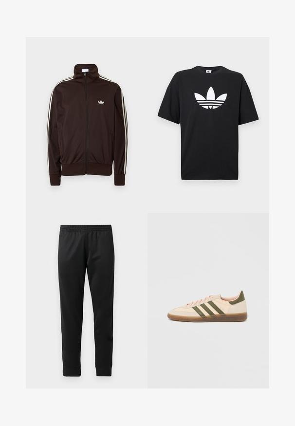 Mørkebrun trackjakke med lynlås, hvide tre striber langs ærmerne og et lille hvidt Adidas trefoil-logo på brystet.; Sort bomulds T-shirt med korte ærmer, der har et stort hvidt Adidas-logo og tre vandrette striber i bunden. Klassisk rund halsdesign.; Sorte træningsbukser lavet af glat stof, med elastisk talje, tætsiddende ben og ribbede manchetter ved anklerne.; Beige Adidas Spezial sneaker med lav profil, grønne striber, gummisål og "SPEZIAL"-branding på siden, vist fra ydersiden.