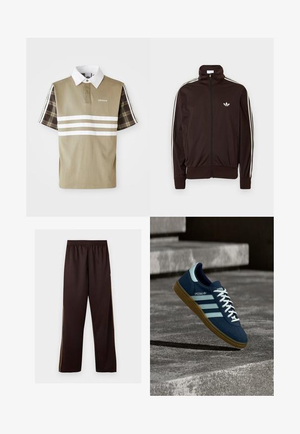 Tmavohnedá mikina so zipsom, s tromi bielymi pruhmi pozdĺž rukávov a malým bielym logom Adidas trefoil na hrudi.; Polo tričko v olivovej zelenej farbe s bielymi pruhmi a károvaným vzorom na krátkych rukávoch. Obsahuje biely golier a logo na hrudi.; Tmavohnedé široké nohavice s elastickým pásom a jemnými svetlohnedými bočnými pruhmi, zobrazené na jednoliatom bielom pozadí.; Modré tenisky Adidas Spezial s bielymi pruhmi a šnúrkami, gumovou podrážkou, plávajúce nad drsným betónovým povrchom a schodmi v pozadí.