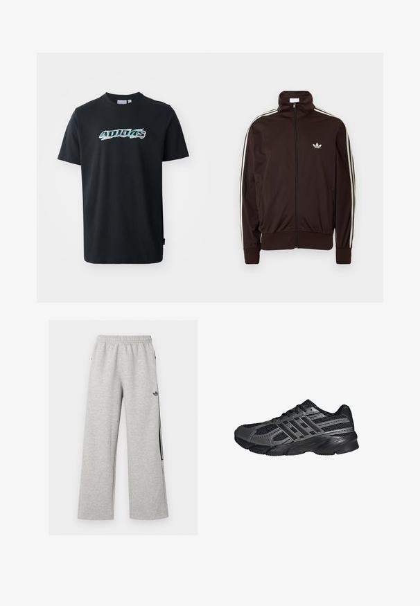 Tmavohnedá mikina so zipsom, s tromi bielymi pruhmi pozdĺž rukávov a malým bielym logom Adidas trefoil na hrudi.; Čierne bavlnené tričko s krátkymi rukávmi, na prednej strane s lesklým, viacfarebným logom "ADIDAS". Klasický dizajn s okrúhlym výstrihom.; Svetlošedé široké tepláky s elastickým pásom a čiernym logom Adidas trefoil na pravom stehne.; Čierne športové topánky vyrobené z pletiva a syntetických materiálov, s textúrovaným povrchom, viacerými šedými pruhmi a polstrovaným golierom.