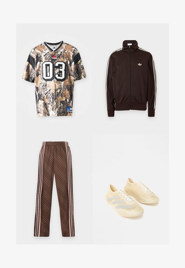 Tumepruun tõmblukuga spordijakk, mille varrukaid kaunistavad valged kolm triipu ja rinnal on väike valge Adidas'i lehtlogo.; Prindi kamuflaažimustriga lühikese varrukaga jersei, mis on beežist, pruunist ja mustast värvist, ümmarguse kaelusega, raske tekstuuriga ning suure trükitud numbriga "03."; Pruunid dressipüksid heleroosade vertikaalsete triipudega külgedel ja kogu pinnal korduv lehvikumustriga, elastse vöökohaga, sirge lõikega lahk.; Beežid kergekaalulised spordijalatsid tekstuurse pinnaga, paeltega ja kolm helehallikat triipu küljel.