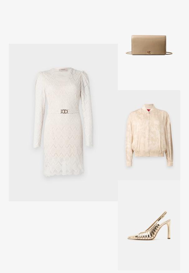 Lyse beige bomberjakke med subtilt tie-dye mønster, lynlåslukning, elastiske manchetter og linning, vist på en ensfarvet baggrund.; Spidsblondekjole i off-white med lange ærmer, V-udskæring og et mønster. Har et sølvfarvet bælte i taljen som accent.; Guldmetallisk højhælet slingback-sko med spids tå og vævet remdesign på hvid baggrund.; Beige læderclutch med guldkæde som skulderrem og lille guld "cK"-logo centreret på frontklappen.
