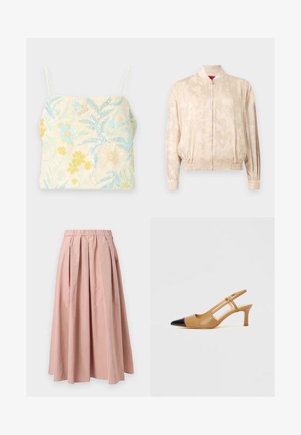 Veste bomber beige clair avec un motif tie-dye subtil, fermeture éclair, poignets et taille élastiques, présentée sur un fond uni.; Camisole brodée en tissu crème, ornée de motifs floraux en sequins bleus, jaunes et verts, avec de fines bretelles spaghetti.; Jupe plissée rose clair avec une taille élastique, présentant une texture de tissu douce et un design fluide s'étendant jusqu'à mi-mollet.; Escarpins slingback couleur fauve avec embout pointu noir, côtés découpés et talon bloc de hauteur moyenne. Matière en cuir lisse.