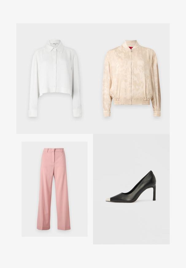 Veste bomber beige clair avec un motif tie-dye subtil, fermeture éclair, poignets et taille élastiques, présentée sur un fond uni.; Chemise blanche raccourcie avec des manches longues, patte de boutonnage à l'avant et col classique. Tissu lisse avec des poignets structurés et un design minimaliste.; Pantalon rose à taille haute et jambes larges, avec passants pour ceinture et fermeture frontale dissimulée, présenté sur un fond uni.; Chaussure à talon haut en cuir noir avec bout pointu et capuchon argenté métallique. Présente une finition lisse et un talon fin de 10 cm.